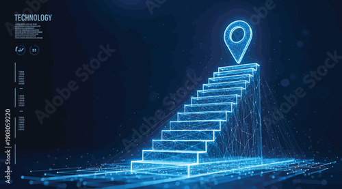 A blue neon-lit staircase leads to a location pin