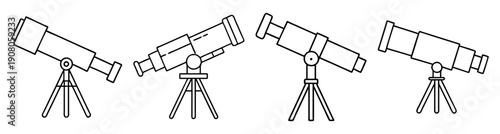 Vector icon set of telescope and astronomy equipment isolated on white background for science and space exploration