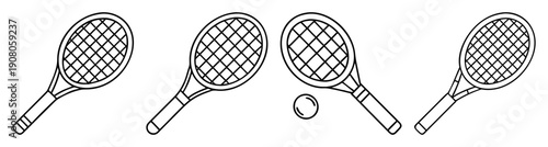 Set of four flat vector tennis rackets with ball isolated on white background minimalist icon design