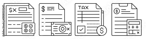 Flat vector tax season icons set with financial forms, calculator, money, and documents for accounting and business