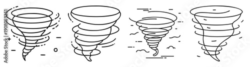 Set of four black and white tornado vector icons in line art style for weather disaster warning and natural hazard infographics
