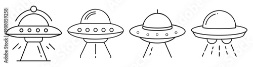 Set of four flying UFO vector icons with beams and alien abduction lights isolated on white background