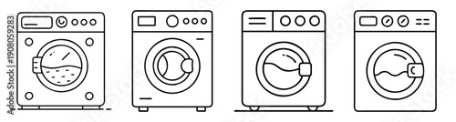 Set of 4 modern washing machine vector icons in flat design for home appliances and laundry care