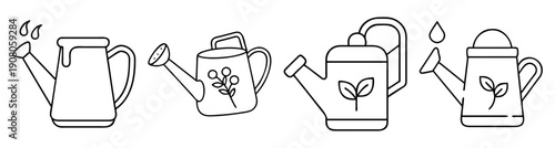 Set of six watering can vector icons isolated on white background for gardening and plant care design elements