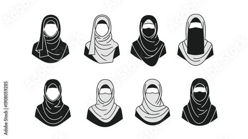 Diverse collection of stylish hijab and headscarf designs worn by women