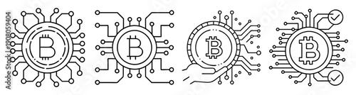 Bitcoin cryptocurrency vector icon set with blockchain symbols and digital currency elements isolated on white background