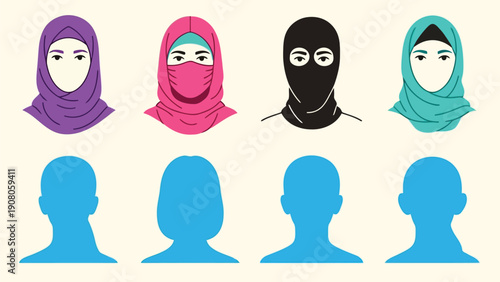 Diverse group of women wearing different types of headscarves against a plain background
