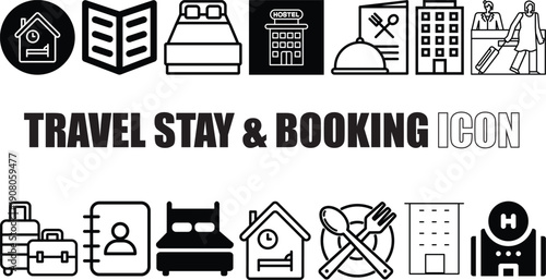 Travel Stay & Booking Icons Pack Accommodation, Room Service, Bed, Hospitality Vector