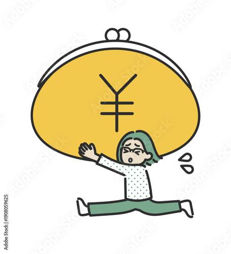 大きながま口財布を抱えて走る40代女性のイラスト
