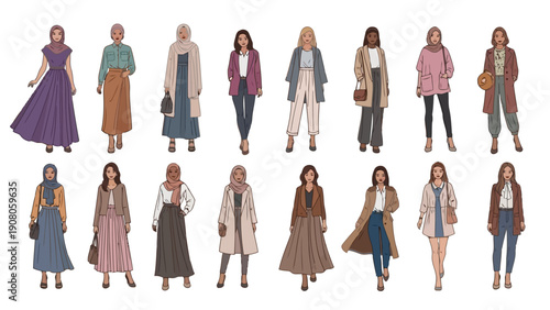 Fashionable women showcasing diverse styles and cultural attire in a lineup