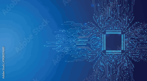 A blue circuit board with a square chip