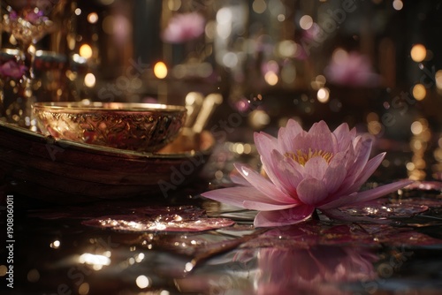 Golden Serenity: Lotus Blossom Amidst Glowing Reflections in Tranquil Water