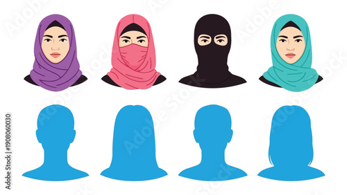 Diverse group of four stylishly dressed female avatars with different headwear