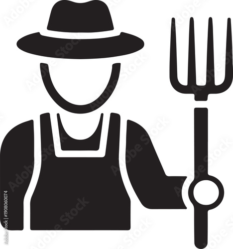 Farmer illustration featuring agricultural worker silhouette with pitchfork hat and overalls representing rural farming life and harvest