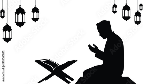 Man reading Quran in prayer with hanging lanterns