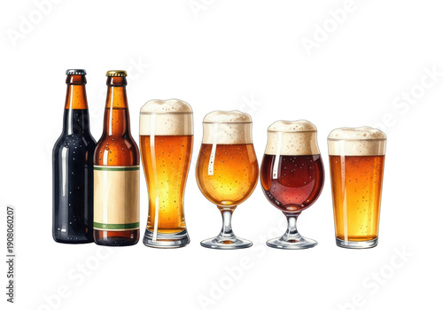 High-quality watercolor illustration of four craft beer bottles and three full glasses (pilsner, tulip, pint) arranged as a tasting flight on a transparent background with copy space. Concept for