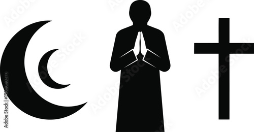 Praying figure between crescent moon and cross symbol
