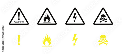 Collection of flat style caution and warning vector icons set with yellow danger triangle and hazard alert symbols for industrial safety signage and web notification design