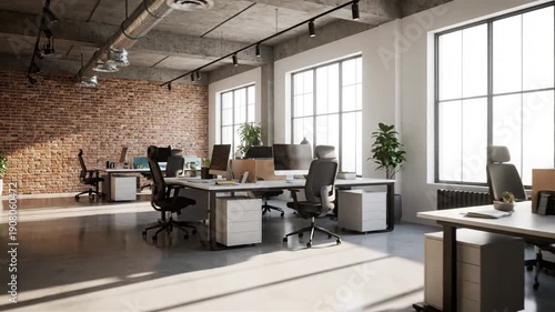 Bright, modern open-plan office interior with industrial design, exposed brick walls, and multiple workstations bathed in natural light, creating an inviting and productive business environment