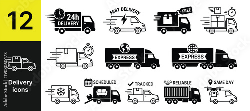 Set of 12 delivery truck and transport vehicle vector icons collection for logistics shipping cargo service and e-commerce mobile app & web interface design