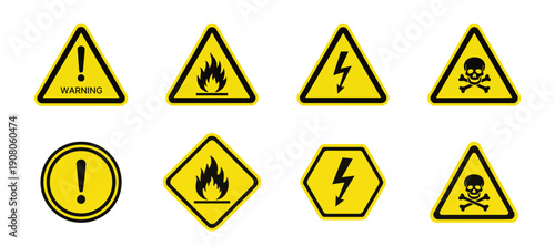 Set of 8 universal caution and warning vector icons collection including danger triangle and hazard alert symbols for safety signage and web interface design