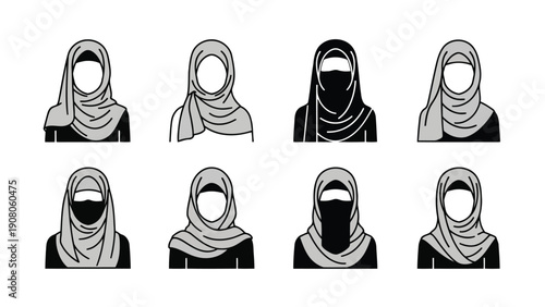 Diverse illustrations of women wearing various types of headscarves and veils.