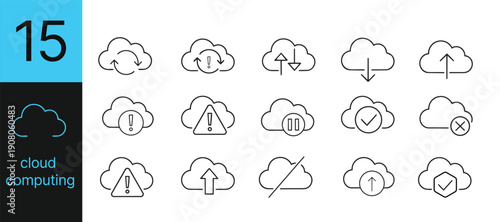 Set of 15 cloud computing icons collection in modern line style for data storage network hosting and server technology web design and mobile app interface