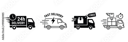 Set of heavy delivery truck and cargo transport vector icons collection for global logistics supply chain shipping service and moving company app interface design