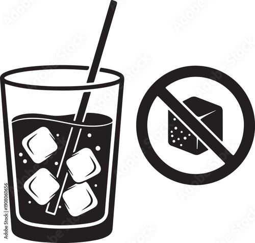 Glass of cold soda with ice and straw next to no sugar sign, healthy drink choice concept vector illustration