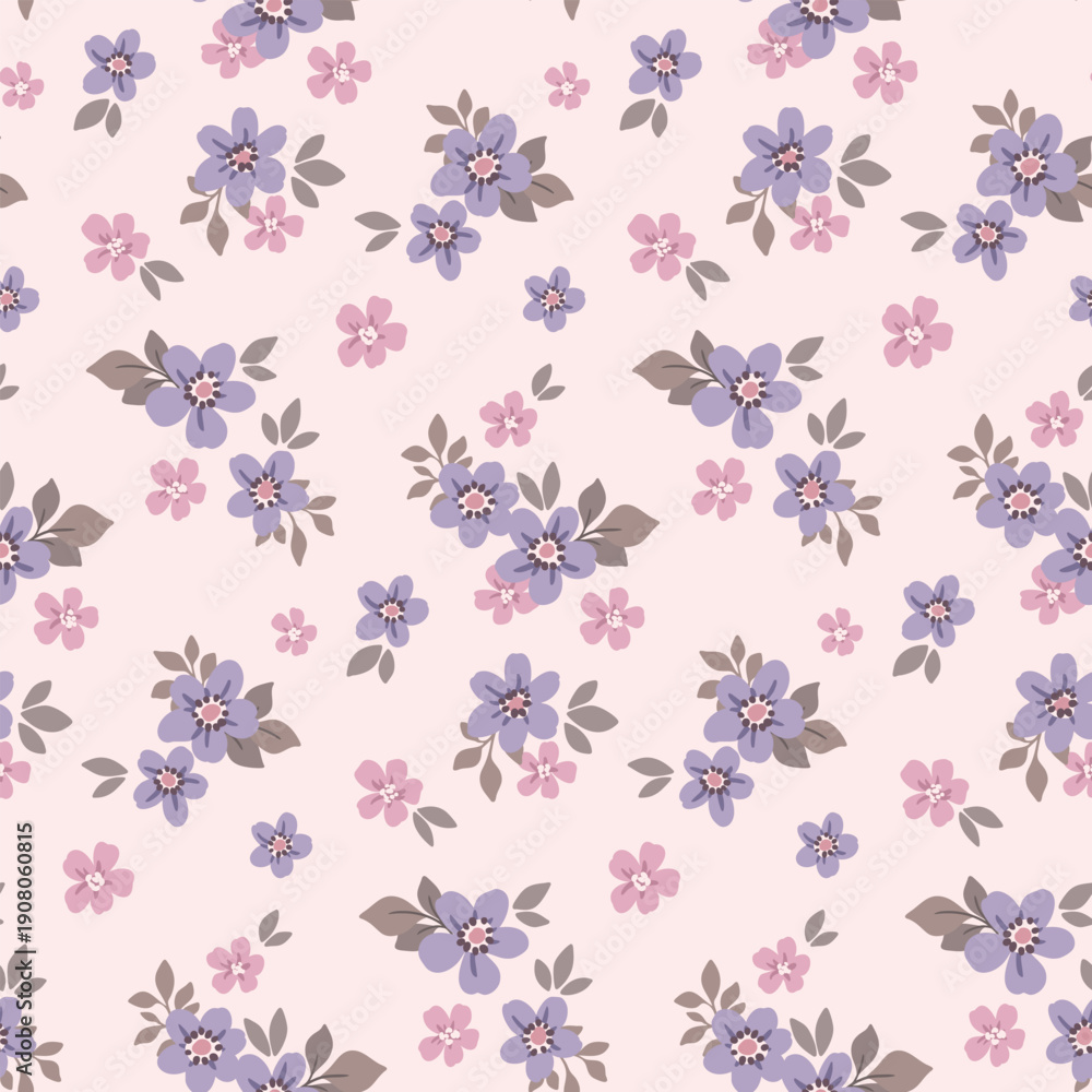 Seamless floral pattern, liberty ditsy print in a romantic country motif. Cute botanical design of pretty simple bouquets, small hand drawn flowers, tiny leaves. Vector illustration in pastel colors.