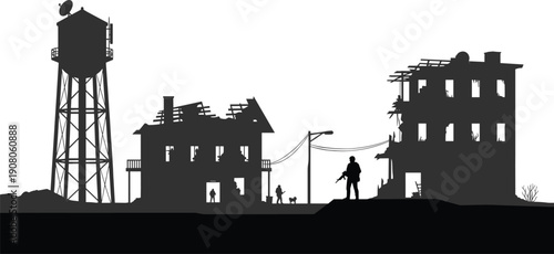 Post apocalyptic city ruin silhouette with destroyed buildings water tower and survivor figures, dystopian war zone landscape vector illustration