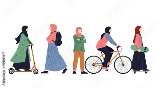 Diverse group of people engaging in outdoor activities and transportation methods