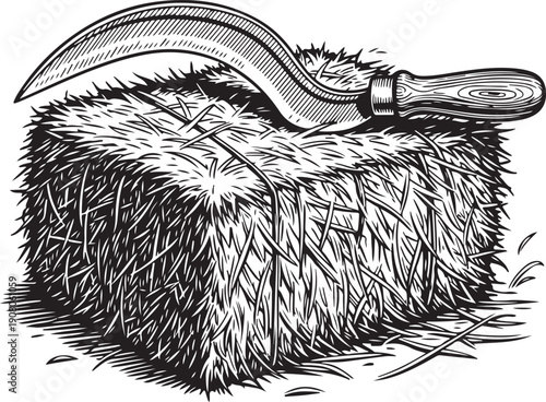 Hand drawn sickle resting on hay bale, farming tool for harvesting crops, traditional agricultural instrument