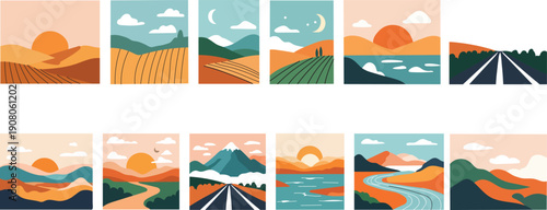 Collection of landscape illustrations with mountains and roads at sunset