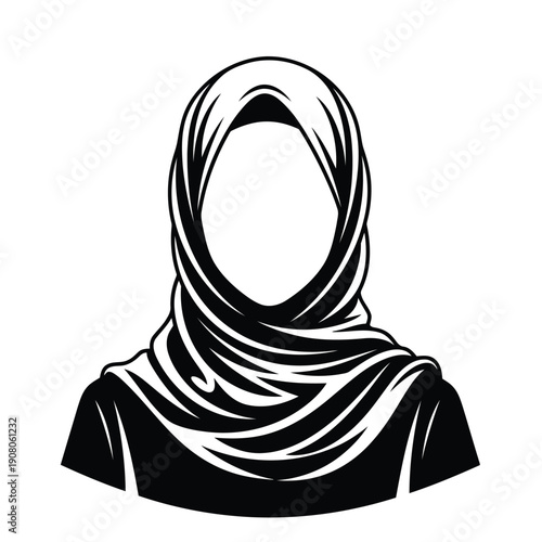 Elegant black and white illustration of a person wearing a hijab headscarf