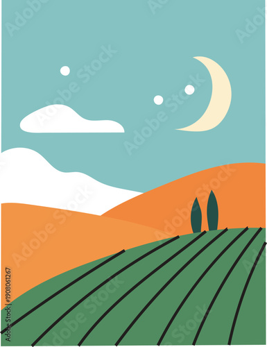 Dreamy abstract landscape with moonlit night over green field and hills