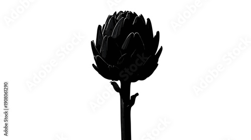 A monochrome illustration of an artichoke. The leaves and stem are detailed against a white background