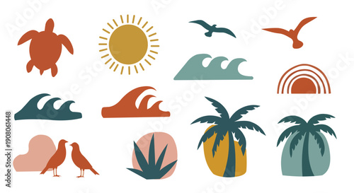 Colorful tropical icons including animals and plants