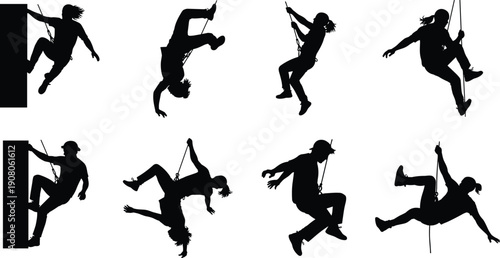 Rock climbing and rappelling athlete silhouettes vector illustration, dynamic poses rope climbing sport adventure endurance strength isolated design competition