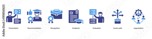 Academic Achievement web banner illustration featuring Presentation, Recommendation, Recognition, Academic, Evaluation, Career path, and Organization.