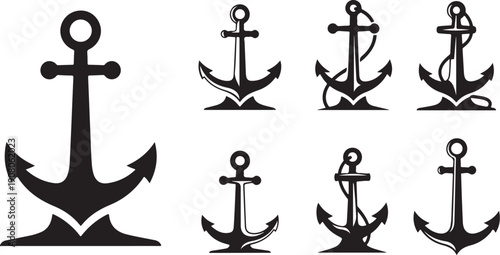 Set of black anchor icons on white background vector graphics