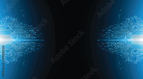 A blue and black image with circuit board designs