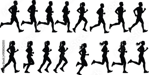 Running silhouettes vector illustration, male female athletes dynamic poses jogging sprinting fitness sport action isolated design biomechanics posture
