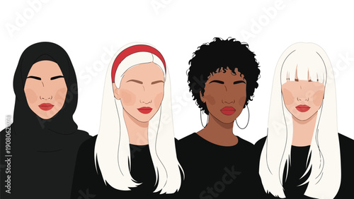 Diverse group of women showcasing different hairstyles and headwear