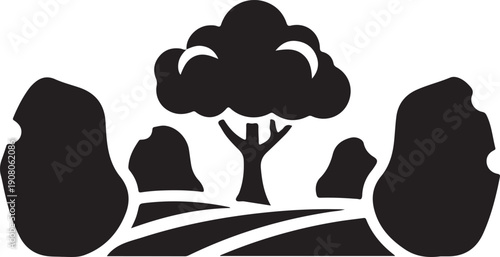 Stylized landscape with haystacks, tree, and rolling hills, representing nature, agriculture, and harvest, simple silhouette art