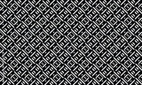 Intricate geometric pattern featuring interlocking diamond shapes and diagonal lines in stark black and white creating a visually complex and modern abstract background applications and textile