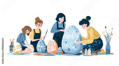 A group of women painting and decorating large Easter eggs together