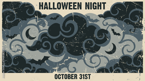 Vintage Halloween Night Poster Template. Retro Grunge Flyer Background with Spooky Sky, Bats, and Crescent Moons for October 31st Event Invitation.