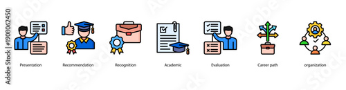 Academic Achievement web banner illustration featuring Presentation, Recommendation, Recognition, Academic, Evaluation, Career path, and Organization.