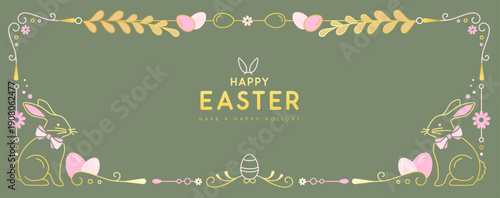 Happy Easter  poster or greeting card with rabbits, floral decorative elements and Easter eggs on green background. Easter frame. Vector illustration